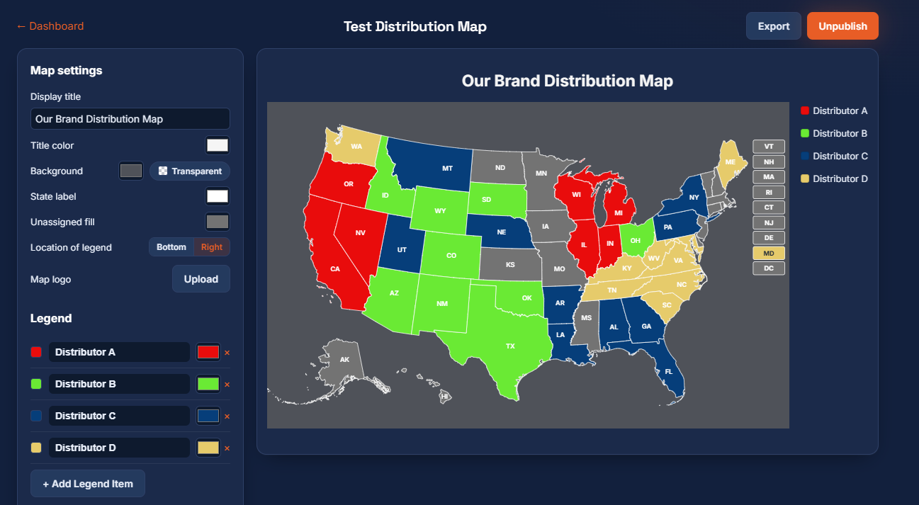Distribution Map — interactive US map colored by distributor