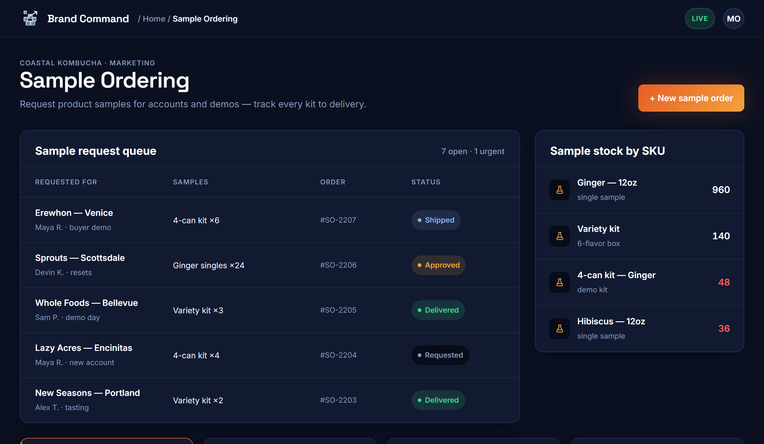 Sample Ordering — request product samples and track fulfillment
